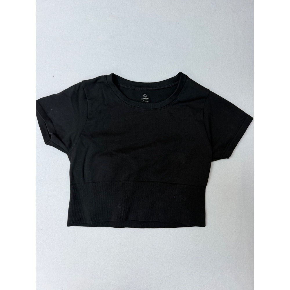 OFFLINE by Aerie Womens Black Seamless Cropped Workout T-Shirt S/P